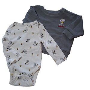 Peanuts Snoopy Woodstock Baby 2pc Set 0-3M Grey Ribbed Sweatshirt & Bodysuit